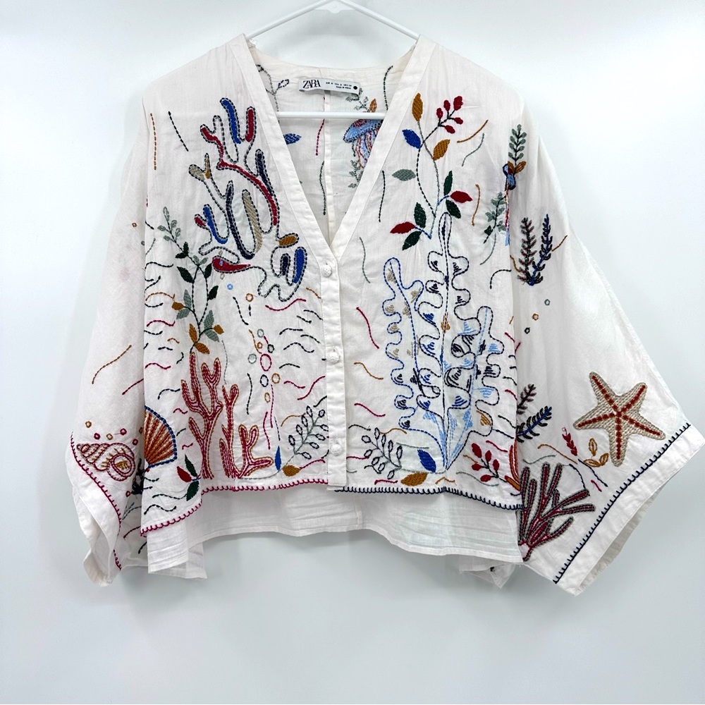 Zara Embroidered Shrug Women M Oversized Kimono Sea Life Cotton Lightweight V-Ne